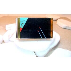 VTG Navajo Turquoise Coral Black Onyx  Inlay Money Clip Signed Modern Design 87'